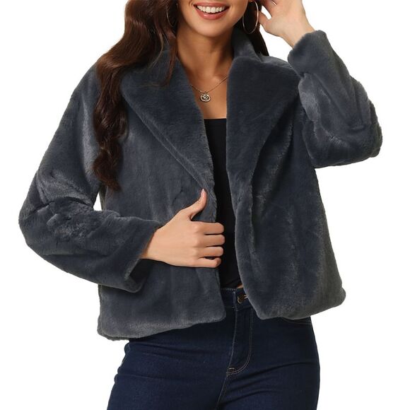 Women's Winter Cropped Jacket Notch Lapel Faux Fur Fluffy Coat Dark Grey - Picture 1 of 5